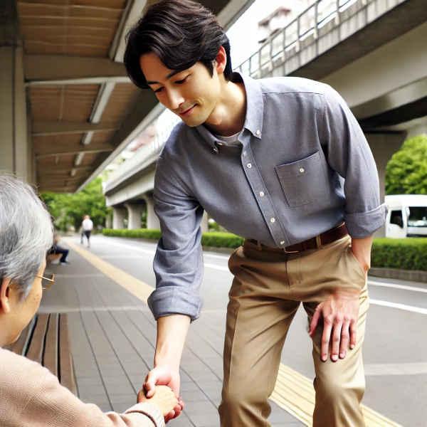 困っている人を助ける男性
誠実な行動は信頼を築く基盤です