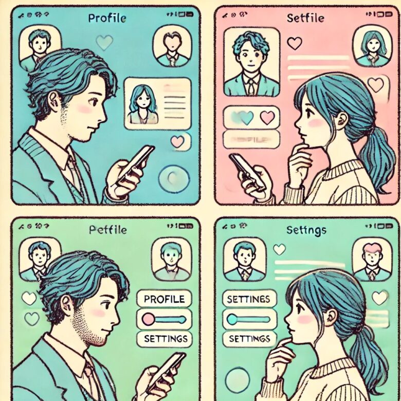 マッチングアプリで会った後にプロフィールを変更しようと考えている日本人男女のイラスト。スマートフォンを見ながらプロフィールを編集することを考えている様子