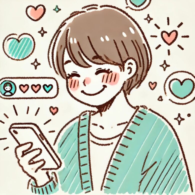 マッチングアプリでプロフィール変更を見て前向きな気持ちになる日本人のイラスト。スマートフォンを見て微笑み、周囲にハートのアイコンが浮かんでいる