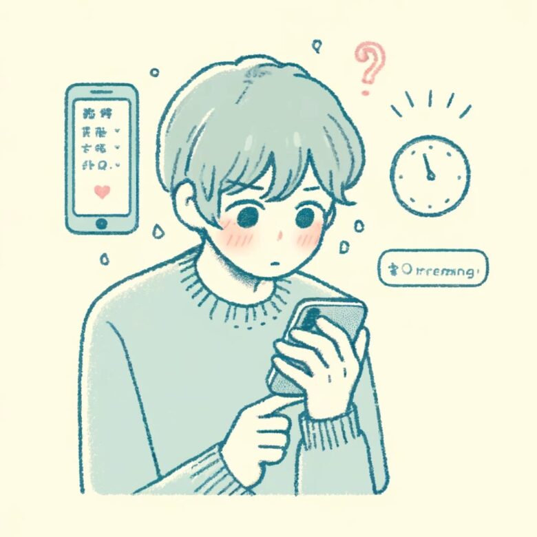 マッチングアプリで一日1往復しか返信がないことに悩む日本人のイラスト。スマートフォンを見ながら返信を待つ様子で、背景に時計のアイコンが描かれている