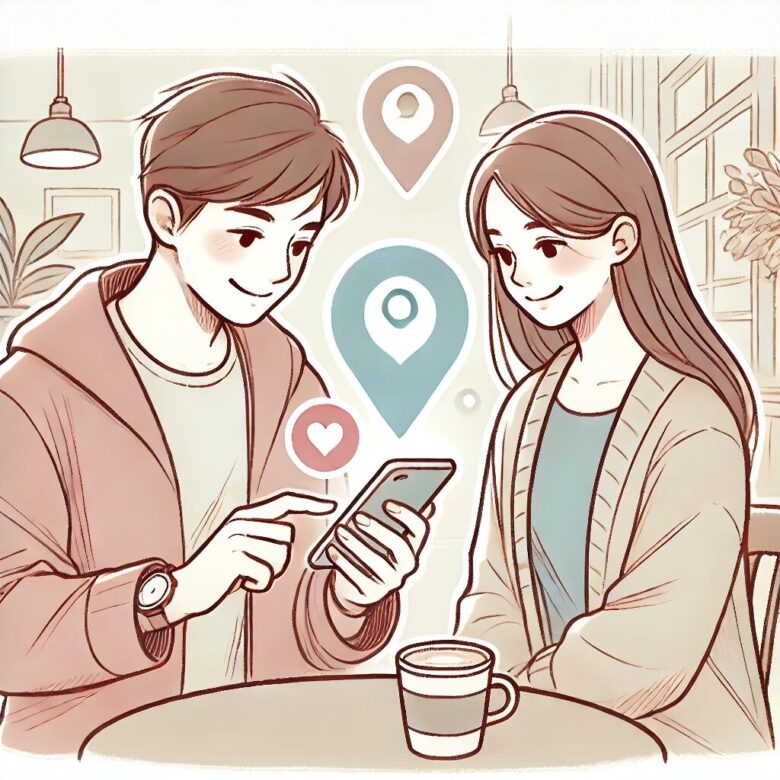 カフェでスマートフォンを使いながら、自分の住んでいる場所を前向きに共有する様子の二人のイラスト。相手が親しげに耳を傾けている場面で、柔らかな線とパステルカラーが温かさと信頼感を表現している。