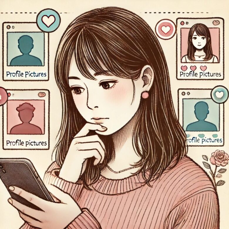 マッチングアプリで写真を変えることを考えている日本人女性のイラスト。スマートフォンを見ながら複数のプロフィール写真を選んでいる様子