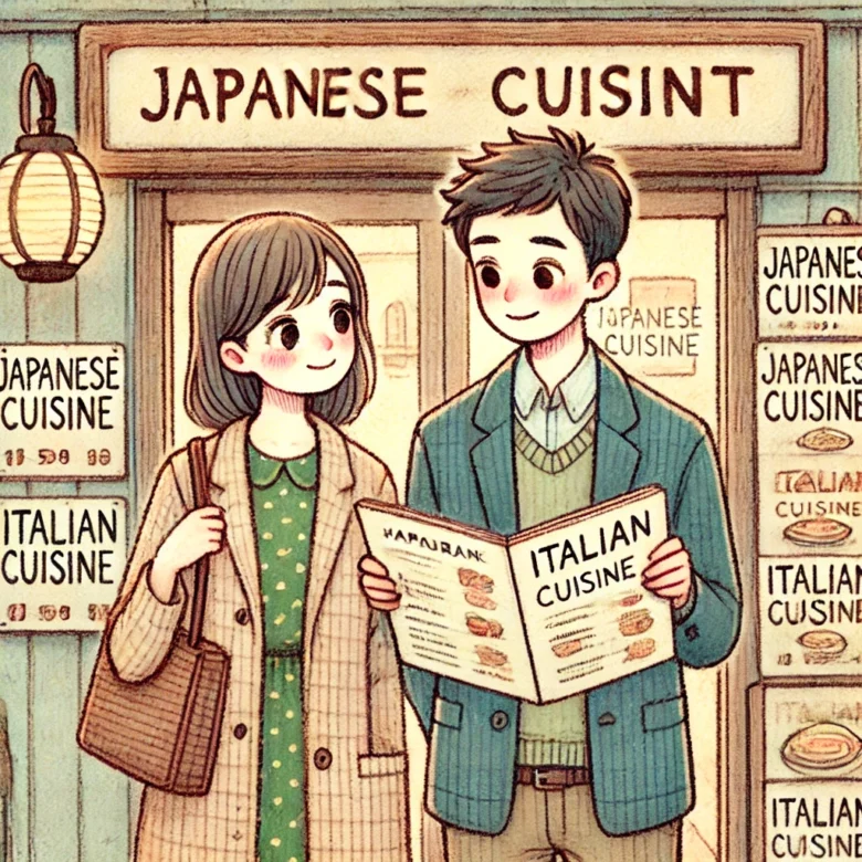 初めての食事デートで、和食とイタリアンのどちらに行こうか話し合うカップルのイラスト。